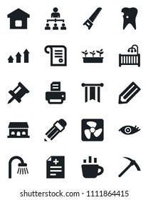 Set of vector isolated black icon - hierarchy vector, coffee, pencil, printer, saw, seedling, diagnosis, caries, eye, drawing pin, children room, bathroom, smart home, cafe building, fan, pennon