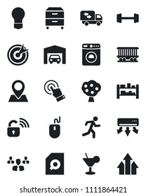 Set of vector isolated black icon - washer vector, mouse, bulb, barbell, run, pin, railroad, rack, touch screen, document search, archive box, fruit tree, garage, moving, cocktail, wireless lock
