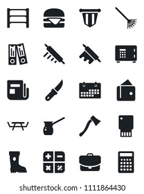 Set of vector isolated black icon - safe vector, calculator, pennant, office binder, rake, boot, garden knife, axe, picnic table, rack, news, calendar, hamburger, rolling pin, turkish coffee, wallet