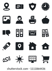 Set of vector isolated black icon - ticket vector, office binder, printer, house, pumpkin, monitor pulse, heart shield, support, clock, route, finger down, gallery, place tag, pencil, sale, cart