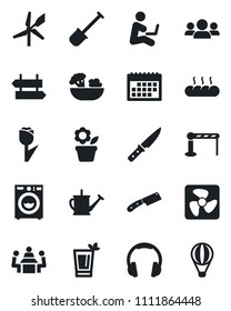 Set of vector isolated black icon - barrier vector, signpost, flower in pot, shovel, watering can, tulip, headphones, calendar, meeting, washer, phyto bar, salad, bread, knife, fan, windmill, group