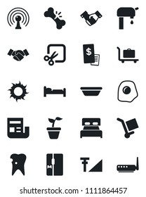 Set of vector isolated black icon - baggage trolley vector, bed, handshake, seedling, sun, caries, broken bone, cargo, antenna, cut, cellular signal, news, water supply, bedroom, fridge, bowl