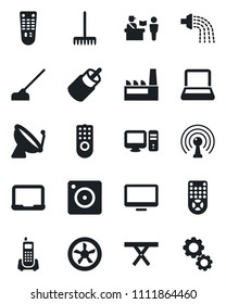 Set of vector isolated black icon - satellite antenna vector, passport control, notebook pc, rake, watering, hoe, picnic table, office phone, remote, monitor, rca, mobile camera, factory, fan, gear