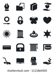 Set of vector isolated black icon - sun vector, book, lawn mower, butterfly, heart, hand, folder document, brightness, lock, ink pen, blank box, rooms, city house, reserved, water, jalousie, police