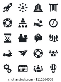 Set of vector isolated black icon - hierarchy vector, team, manager place, mobile tracking, meeting, gear, palm sproute, rocket, clock, pennon, investment, calendar, paper plane, crisis management