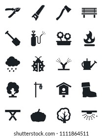 Set of vector isolated black icon - job vector, tree, watering can, pruner, boot, saw, lady bug, fire, rain, axe, bench, pumpkin, garden light, picnic table, bird house, sprayer, flower in pot