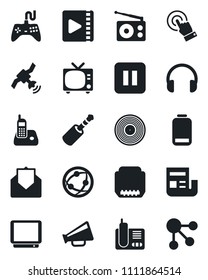 Set of vector isolated black icon - tv vector, vinyl, radio, satellite, loudspeaker, gamepad, network, touch screen, headphones, phone, low battery, mail, pause button, hdmi, jack connector, video