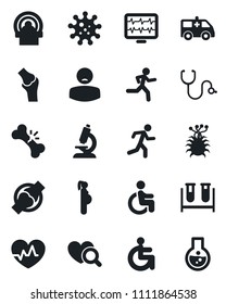Set of vector isolated black icon - heart pulse vector, monitor, stethoscope, blood test vial, diagnostic, microscope, tomography, ambulance car, run, disabled, joint, broken bone, patient, virus