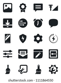 Set of vector isolated black icon - mobile vector, message, gallery, protect, settings, tuning, themes, alarm, mail, scanner, network, notes, download, cut, cellular signal, charge, sertificate