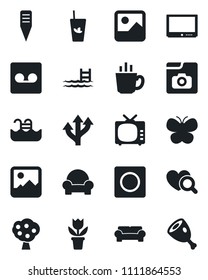 Set of vector isolated black icon - flower in pot vector, butterfly, plant label, heart diagnostic, route, tv, gallery, record, photo, pool, fruit tree, cushioned furniture, phyto bar, coffee, ham