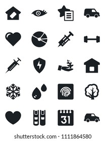 Set of vector isolated black icon - tree vector, heart, syringe, barbell, eye, favorites list, protect, calendar, fingerprint id, pie graph, book, smart home, snowflake, water, palm sproute, car