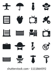 Set of vector isolated black icon - tv vector, case, desk, tie, real heart, satellite, cargo container, umbrella, music, abacus, office chair, restaurant table, dress code