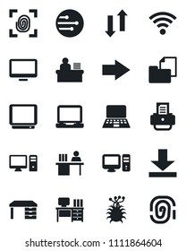 Set of vector isolated black icon - right arrow vector, desk, notebook pc, printer, virus, folder document, tv, monitor, laptop, network, data exchange, download, wireless, manager, fingerprint