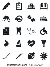 Set of vector isolated black icon - disabled vector, heart pulse, diagnosis, stethoscope, blood test vial, thermometer, microscope, pills, scalpel, tomography, ambulance car, stomach, caries, joint