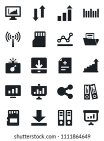Set of vector isolated black icon - antenna vector, bomb in case, growth statistic, office binder, monitor, diagnosis, barcode, sd, data exchange, download, statistics, document folder, point graph