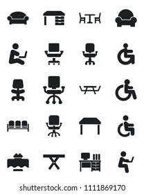 Set of vector isolated black icon - cafe vector, waiting area, disabled, office chair, desk, picnic table, cushioned furniture, restaurant, man with notebook