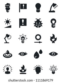Set of vector isolated black icon - bulb vector, lady bug, fire, eye, important flag, brightness, desk lamp, water, energy saving, shining head, idea