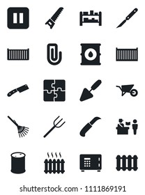 Set of vector isolated black icon - passport control vector, safe, trowel, farm fork, rake, wheelbarrow, saw, garden knife, scalpel, cargo container, oil barrel, rack, pause button, application