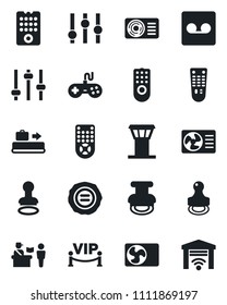 Set of vector isolated black icon - airport tower vector, baggage conveyor, passport control, stamp, gamepad, settings, remote, tuning, record, air conditioner, vip zone, garage gate