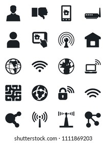 Set of vector isolated black icon - antenna vector, wireless notebook, earth, share, finger down, user, network, smart home, chip, lock, router, control app, social media