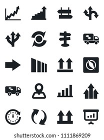 Set of vector isolated black icon - signpost vector, right arrow, growth statistic, route, navigation, up side sign, sorting, update, compass, bar graph, moving, clock, presentation