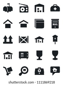 Set of vector isolated black icon - safe vector, bird house, doctor case, container, fragile, cargo, warehouse storage, up side sign, search, radio, blank box, mailbox, home message