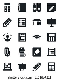 Set of vector isolated black icon - book vector, calculator, graduate, abacus, desk, presentation board, pencil, notes, copybook, paper clip, shining head