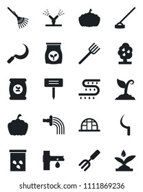 Set of vector isolated black icon - garden fork vector, farm, rake, watering, sproute, hoe, sickle, plant label, pumpkin, greenhouse, seeds, fertilizer, drip irrigation, fruit tree