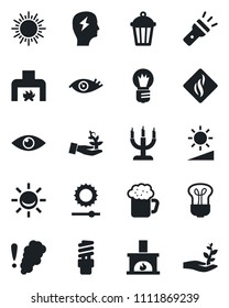 Set of vector isolated black icon - sun vector, brainstorm, bulb, garden light, eye, torch, brightness, fireplace, beer, candle, smoke detector, energy saving, alarm led, palm sproute