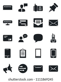 Set of vector isolated black icon - mobile phone vector, speaking man, mail, office, loudspeaker, cell, speaker, paper pin, message, network, clipboard, reserved, schedule