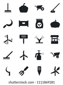 Set of vector isolated black icon - fence vector, garden fork, rake, wheelbarrow, well, hoe, sickle, plant label, pumpkin, sprayer, fertilizer, windmill, irrigation