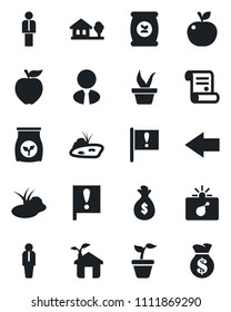 Set of vector isolated black icon - bomb in case vector, left arrow, manager, contract, seedling, pond, fertilizer, important flag, house with tree, estate agent, apple fruit, eco, money bag
