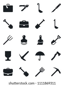 Set of vector isolated black icon - suitcase vector, job, shovel, farm fork, pruner, axe, scalpel, fragile, umbrella, themes, case, stamp, ladle, hard work