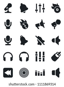 Set of vector isolated black icon - vinyl vector, flame disk, microphone, speaker, loudspeaker, settings, equalizer, headphones, rewind, rca, tuning, bell, mute, sound