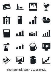 Set of vector isolated black icon - security gate vector, growth statistic, monitor, barcode, equalizer, scanner, statistics, bar graph, alcohol, drink, cocktail, phyto, beer, salad, sushi, arrow up