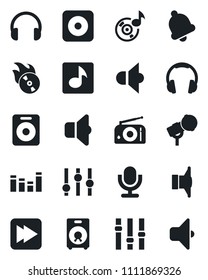 Set of vector isolated black icon - flame disk vector, microphone, radio, speaker, settings, equalizer, headphones, fast forward, rec button, bell, music, sound
