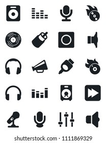 Set of vector isolated black icon - vinyl vector, flame disk, microphone, speaker, loudspeaker, equalizer, headphones, fast forward, rca, hdmi, tuning, record, sound