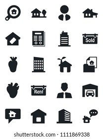 Set of vector isolated black icon - office building vector, real heart, contract, house with garage, tree, estate document, rent, sold signboard, search, agent, smart home, city, eco, message