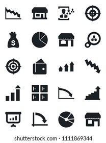 Set of vector isolated black icon - shop vector, checkroom, growth statistic, money bag, crisis graph, store, pie, hr, target, consumer search, arrow up, wallet, presentation, storefront