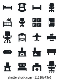 Set of vector isolated black icon - bed vector, checkroom, office chair, bench, fireplace, bedroom, children room, cushioned furniture, restaurant table, alcove, fridge