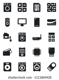 Set of vector isolated black icon - washer vector, calculator, monitor, speaker, phone back, sim, credit card, home control, chip, remote, router, usb flash