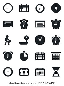 Set of vector isolated black icon - alarm clock vector, flight table, calendar, heavy scales, stopwatch, manager, schedule, sand
