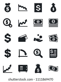 Set of vector isolated black icon - safe vector, dollar sign, money bag, crisis graph, cash, receipt, credit card, growth, search, investment