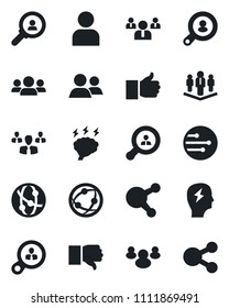 Set of vector isolated black icon - team vector, brainstorm, network, share, group, finger up, down, user, company, client search, consumer, social media