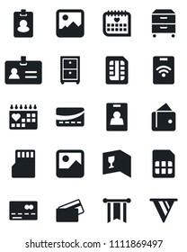Set of vector isolated black icon - credit card vector, identity, medical calendar, gallery, sd, sim, archive box, wine, pass, wallet, pennon