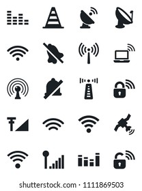 Set of vector isolated black icon - antenna vector, wireless notebook, border cone, satellite, equalizer, mute, cellular signal, lock