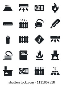 Set of vector isolated black icon - fire vector, hose, fireplace, thermometer, heater, air conditioner, candle, water, smoke detector, radiator, warm floor