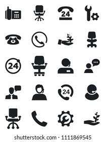 Set of vector isolated black icon - 24 around vector, office chair, phone, hours, support, speaker, call, root setup, palm sproute