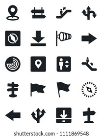Set of vector isolated black icon - elevator vector, escalator, signpost, right arrow, left, wind, radar, route, download, place tag, compass, flag, guidepost