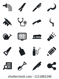 Set of vector isolated black icon - document search vector, pen, pencil, shovel, watering can, saw, sickle, garden sprayer, monitor pulse, stethoscope, torch, stapler, rolling pin, cutting board